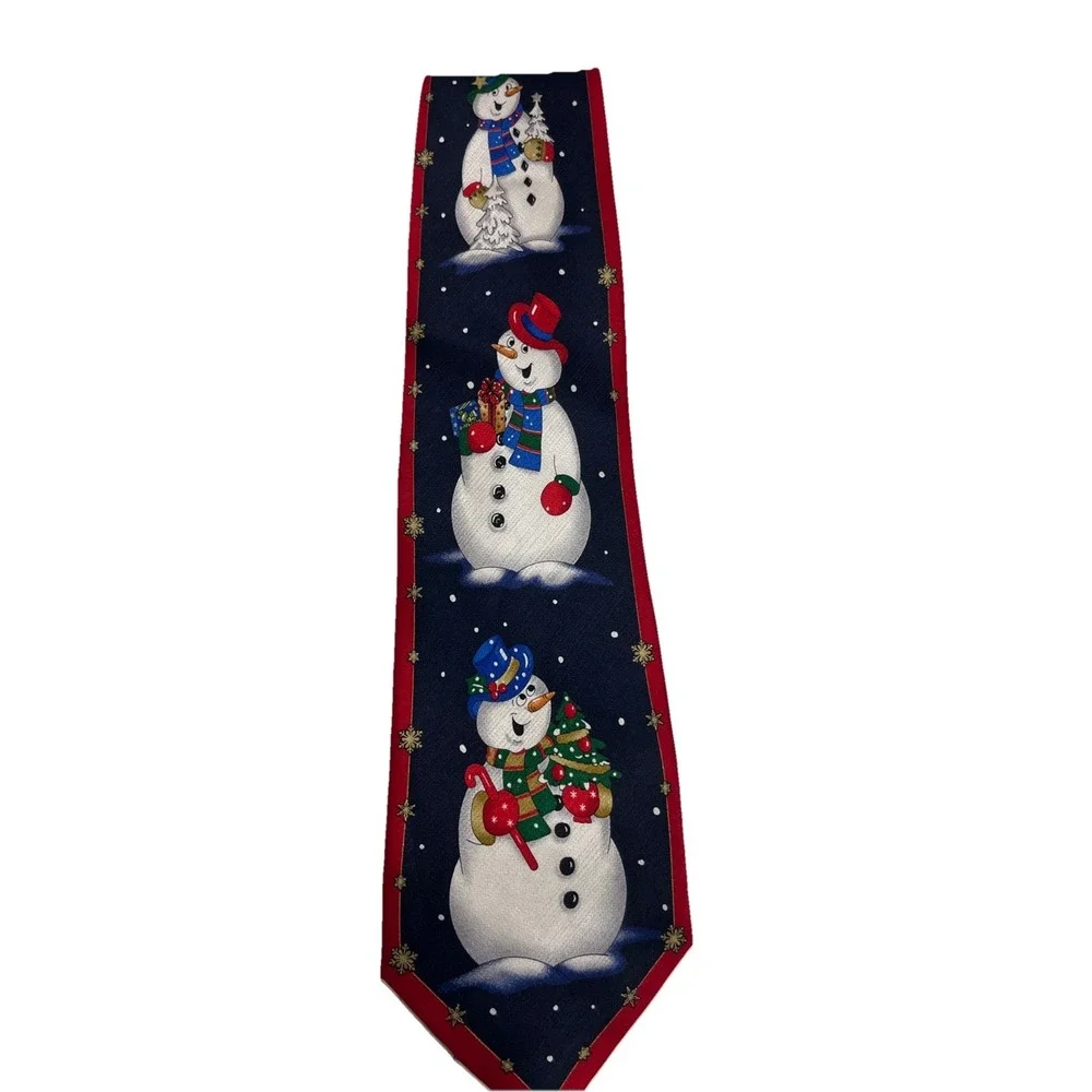 Snowman 100% Silk Tie Holiday Wear Festive Christmas Tree Snowflakes &‎ Presents